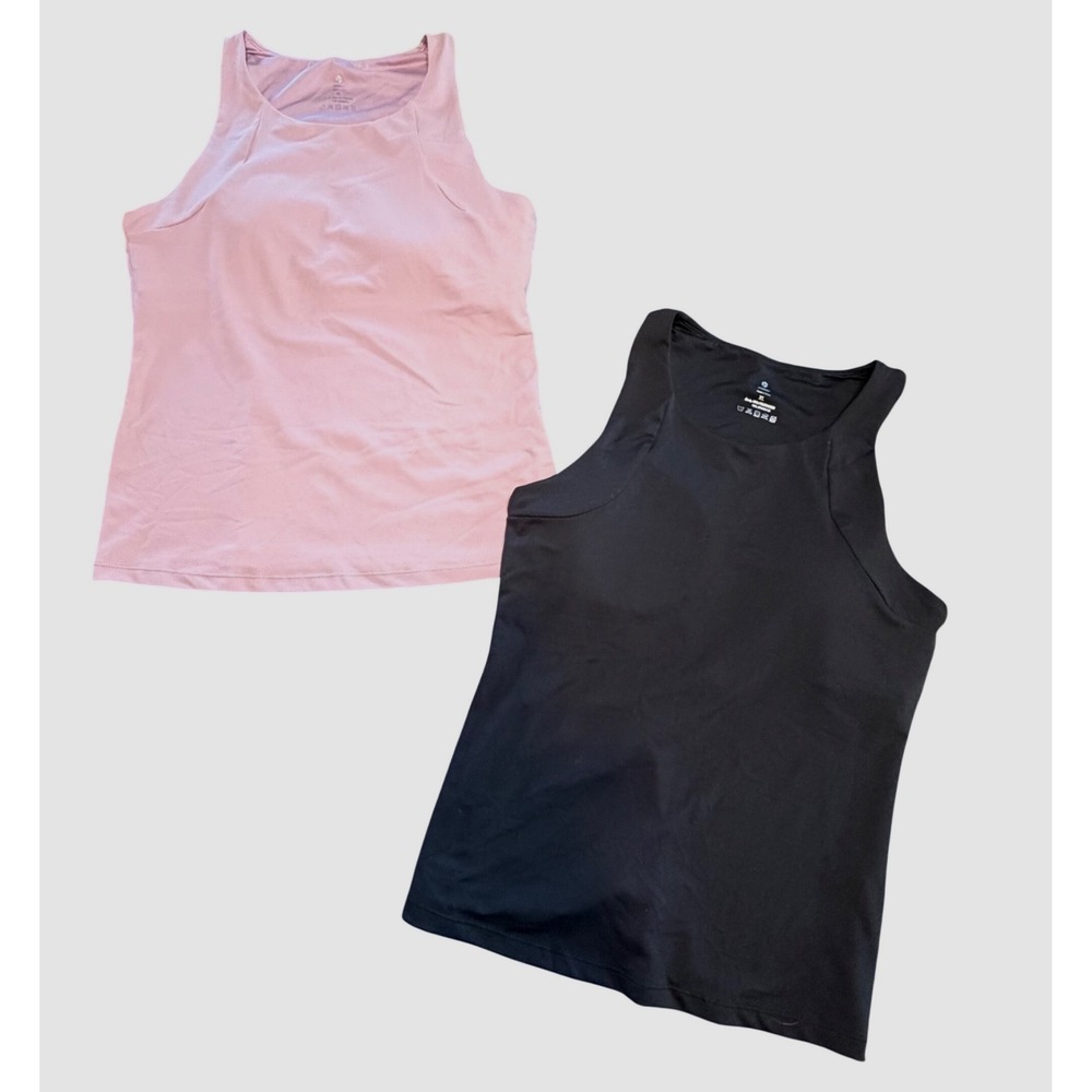 DISBEST Womens Yoga Tank Tops Set of 2 Black Pink Built-in‎ Bra XL LDS6671